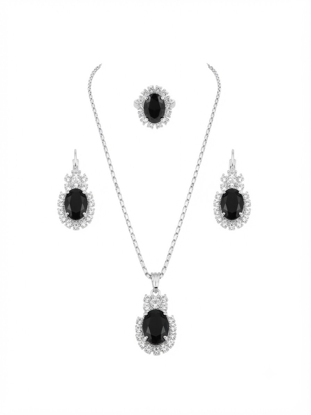 Elegant Black Crystal Necklace, Earrings & Ring Set - Unbranded